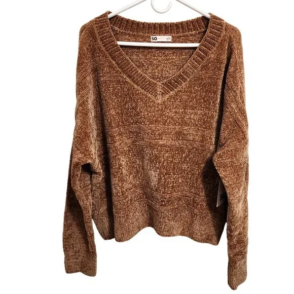 NEW SO V-Neck Cropped Gold Chenille Dropped Shoulder Sweater Size XXL - Picture 1 of 14